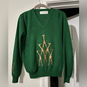 Vintage Green Sweater with Giraffe Design